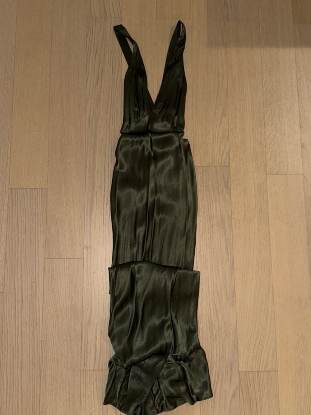 Shona Joy Olive Green Satin Gown with Deep V-Neck